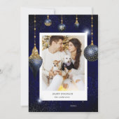 ネイビーブルー金ゴールドジュエルオーナメントフォトホリデーカード シーズンカード (正面)