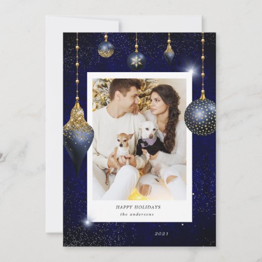 ネイビーブルー金ゴールドジュエルオーナメントフォトホリデーカード シーズンカード (正面)