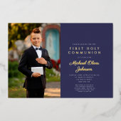 ネイビーブルー金ゴールドスクリプトボーイフォトファースト通信 箔招待状 (正面)