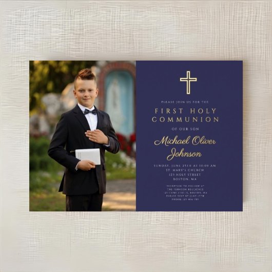 ネイビーブルー金ゴールドスクリプトボーイフォトファースト通信 箔招待状