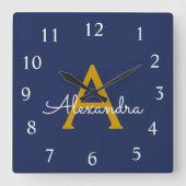 ネイビーブルー金ゴールドスクリプトモノグラムガーリー名 スクエア壁時計 (正面)