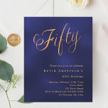 ネイビーブルー金ゴールドスクリプト50th birthday invitation<br><div class="desc">50モダン歳のスタイリッシュ誕生日パーティーの招待状。紺色で色むら色の背景と50という言葉書と大きな文字の文字が金ゴールドで書かれていフェイクる。名前とパーティー・詳細のパーソナライズおよび追加1枚= 1枚の招待状を印刷したエッジからエッジ</div>