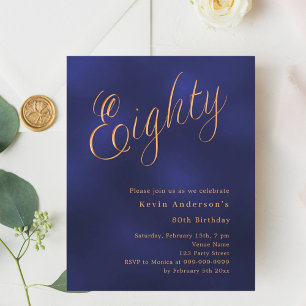 ネイビーブルー金ゴールドスクリプト80th birthday invitation
