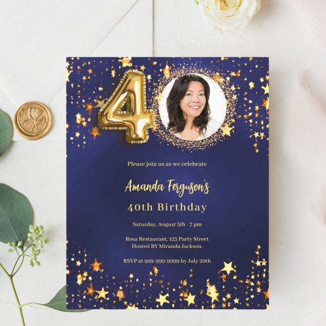 ネイビーブルー金ゴールドスター写真40th birthday invitation (クリエイターアップロード済み)