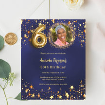 ネイビーブルー金ゴールドスター写真60th birthday invitation