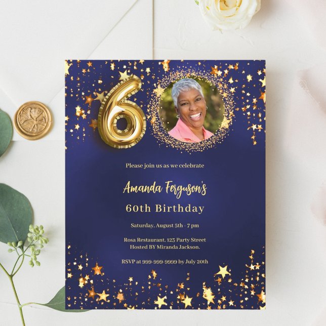 ネイビーブルー金ゴールドスター写真60th birthday invitation (クリエイターアップロード済み)