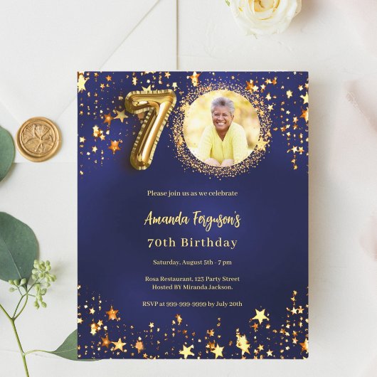 ネイビーブルー金ゴールドスター写真70th birthday invitation