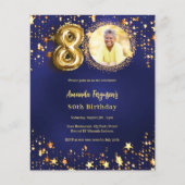 ネイビーブルー金ゴールドスター写真80th birthday invitation (正面)