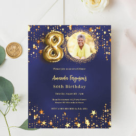 ネイビーブルー金ゴールドスター写真80th birthday invitation