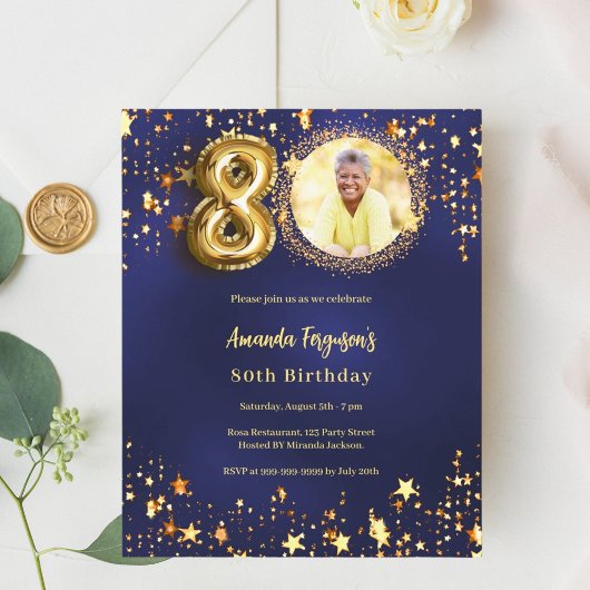 ネイビーブルー金ゴールドスター写真80th birthday invitation
