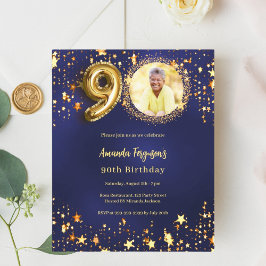 ネイビーブルー金ゴールドスター写真90th birthday invitation