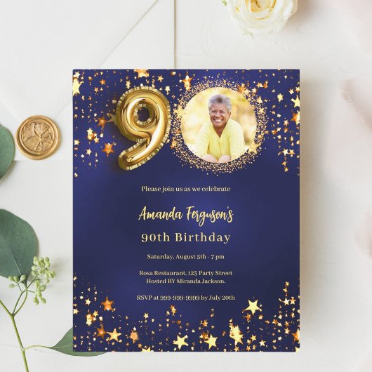 ネイビーブルー金ゴールドスター写真90th birthday invitation