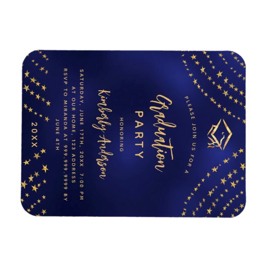 ネイビーブルー金ゴールドスター卒業パーティーの招待状 マグネット (横)