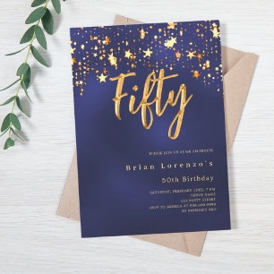 ネイビーブルー金ゴールドスター50歳 招待状