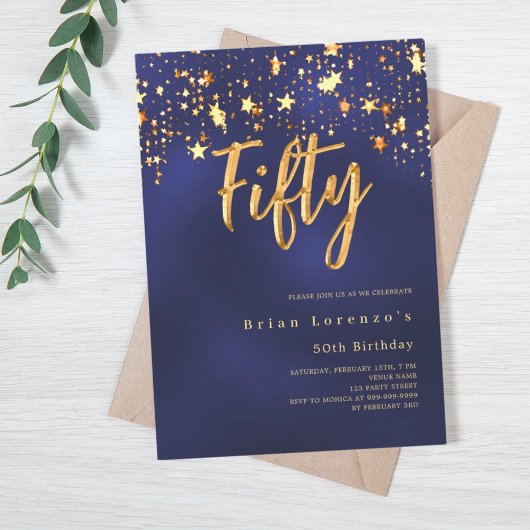 ネイビーブルー金ゴールドスター50歳 招待状