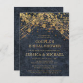 ネイビーブルー金ゴールドストリングライトカップルのブライダルシャワー 招待状 (正面/裏面)