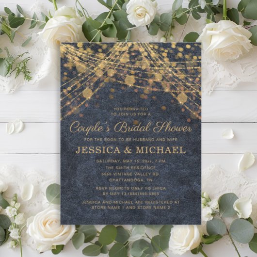 ネイビーブルー金ゴールドストリングライトカップルのブライダルシャワー 招待状