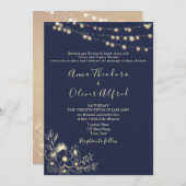 ネイビーブルー金ゴールドストリングライト結婚式招待状 招待状 (正面/裏面)