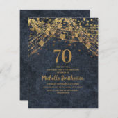 ネイビーブルー金ゴールドストリングライト70誕生日 招待状 (正面/裏面)