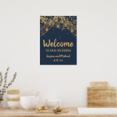 ネイビーブルー金ゴールドストリングライト《写真》ぼけ味結婚の歓迎 ポスター (キッチン)