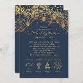 ネイビーブルー金ゴールドストリングラ結婚イトの旅程 招待状 (正面/裏面)