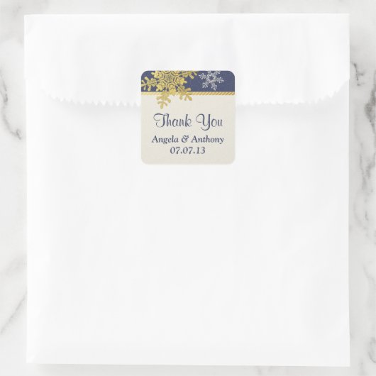 ネイビーブルー金ゴールドスノーフレーク冬のウェディングシール スクエアシール (バッグ)
