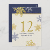 ネイビーブルー金ゴールドスノーフレーク冬のウェディングテーブルカード ポストカード (正面/裏面)