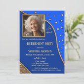 ネイビーブルー金ゴールドスパークルス写真リタイアメントパーティー 招待状 (スタンド正面)