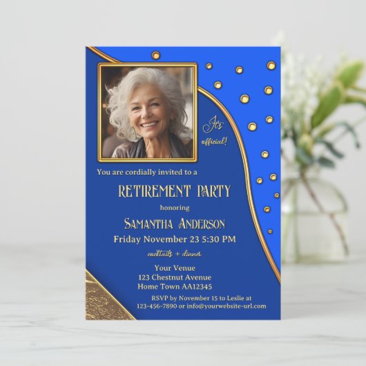 ネイビーブルー金ゴールドスパークルス写真リタイアメントパーティー 招待状 (スタンド正面)