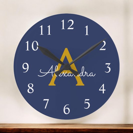 ネイビーブルー金ゴールドスモダンクリガーリープトモノグラム名 ラウンド壁時計