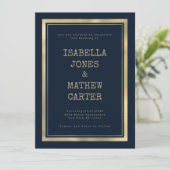 ネイビーブルー金ゴールドタイプライターフォントラスチック結婚ス 招待状 (スタンド正面)