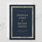 ネイビーブルー金ゴールドタイプライターフォントラスチック結婚ス 招待状 (正面)