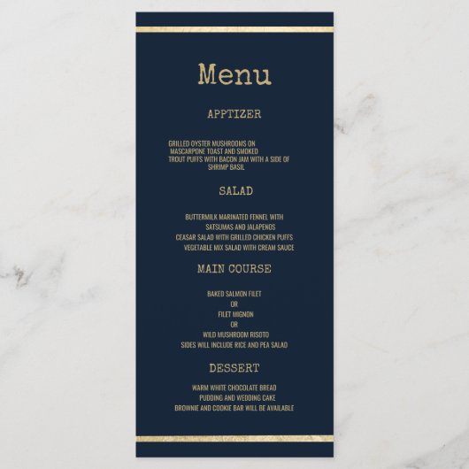ネイビーブルー金ゴールドタイプライターフォントラスト結婚ティックのメニュー プログラム (正面)