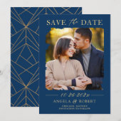 ネイビーブルー金ゴールドタイポグラフィ抽象芸術フォトフレーム セーブザデート (正面/裏面)