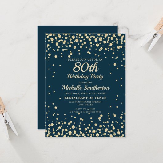 ネイビーブルー金ゴールドダイヤモンドグリッターウィメンズ80誕生日 カード (正面/裏面インサイチュ)