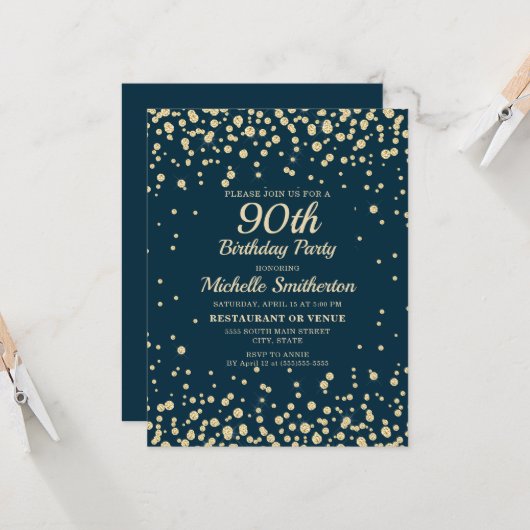 ネイビーブルー金ゴールドダイヤモンドグリッターウィメンズ90誕生日 カード (正面/裏面インサイチュ)