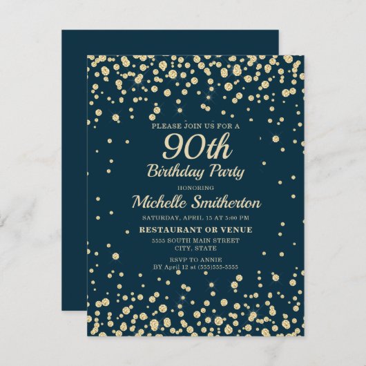 ネイビーブルー金ゴールドダイヤモンドグリッターウィメンズ90誕生日 カード (正面/裏面)