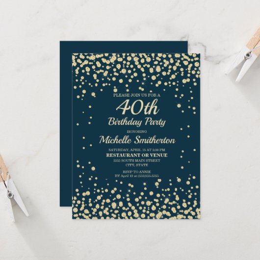 ネイビーブルー金ゴールドダイヤモンドグリッター女子40歳の誕生日 カード (正面/裏面インサイチュ)