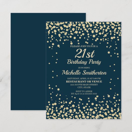 ネイビーブルー金ゴールドダイヤモンドグリッター女性21歳の誕生日 カード (正面/裏面)