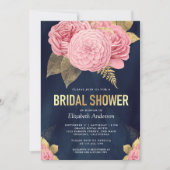 ネイビーブルー金ゴールドダスティピンクフローラブライダルシャワー 招待状 (正面)
