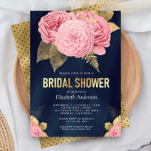 ネイビーブルー金ゴールドダスティピンクフローラブライダルシャワー 招待状