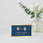 ネイビーブルー金ゴールドダンベルフィットネスパーソナルトレーナー 名刺 (スタンド正面)