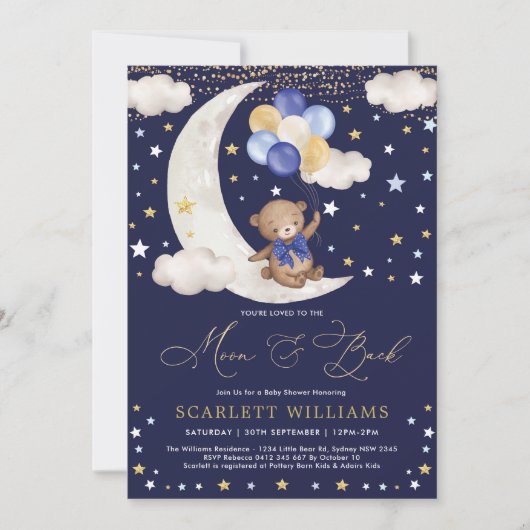 ネイビーブルー金ゴールドテディベアームーン&バックベビーシャワー 招待状 (正面)