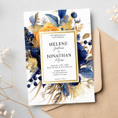 ネイビーブルー金ゴールドテラコッタフローラエレガントな結婚式 招待状