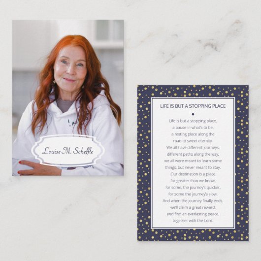 ネイビーブルー金ゴールドドット葬儀祈りの言葉カードと写真 エンクロージャーカード (正面/裏面)