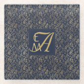 ネイビーブルー金ゴールドニュー結婚スモノグラムDecor ガラスコースター (正面)