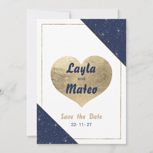 ネイビーブルー金ゴールドハートスパークルグリッター保存日 招待状 (正面)