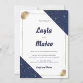 ネイビーブルー金ゴールドハートスパークル結婚グリッター 招待状 (正面)