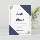 ネイビーブルー金ゴールドハートスパークル結婚グリッター 招待状 (スタンド正面)