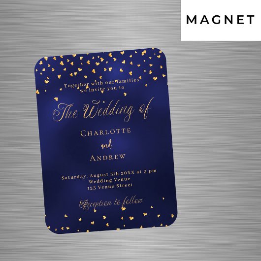 ネイビーブルー金ゴールドハート高級結婚式招待状 マグネット